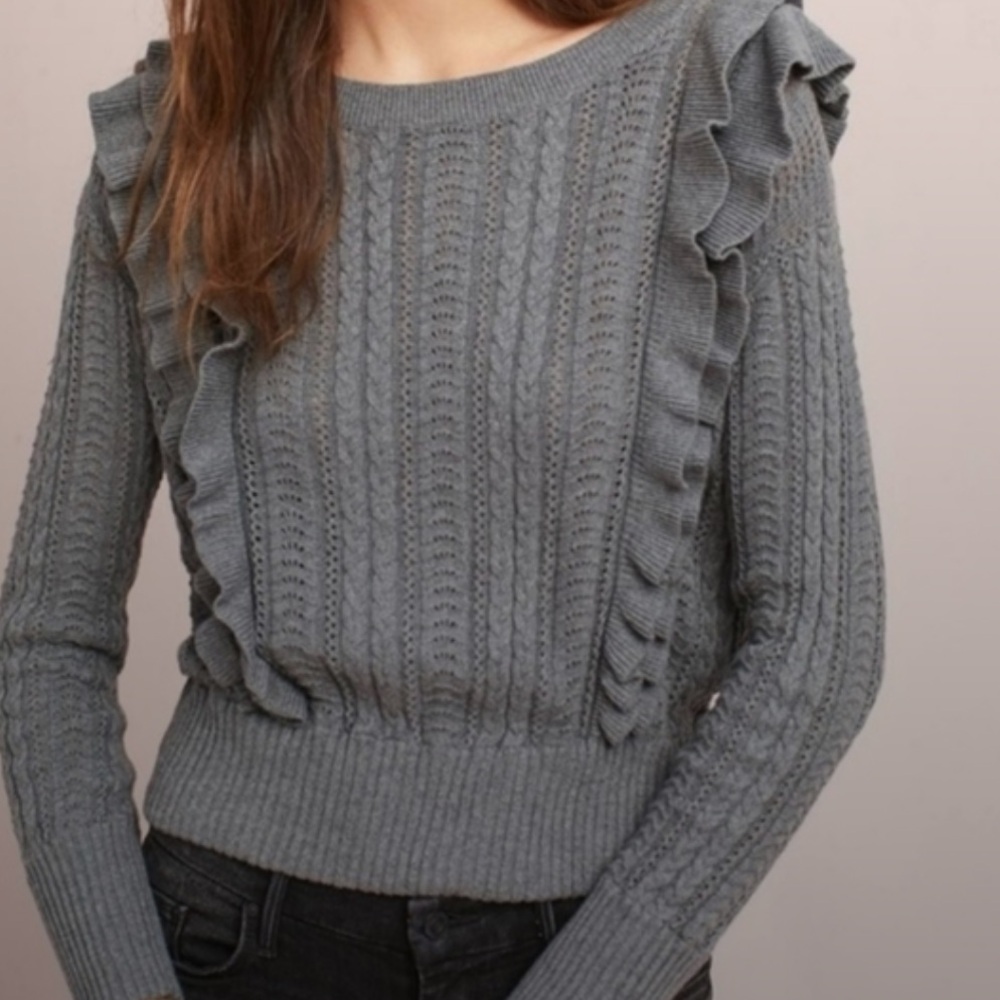 Anthropologie Moth 100% Cotton Pointelle Ruffle Knit Sweater